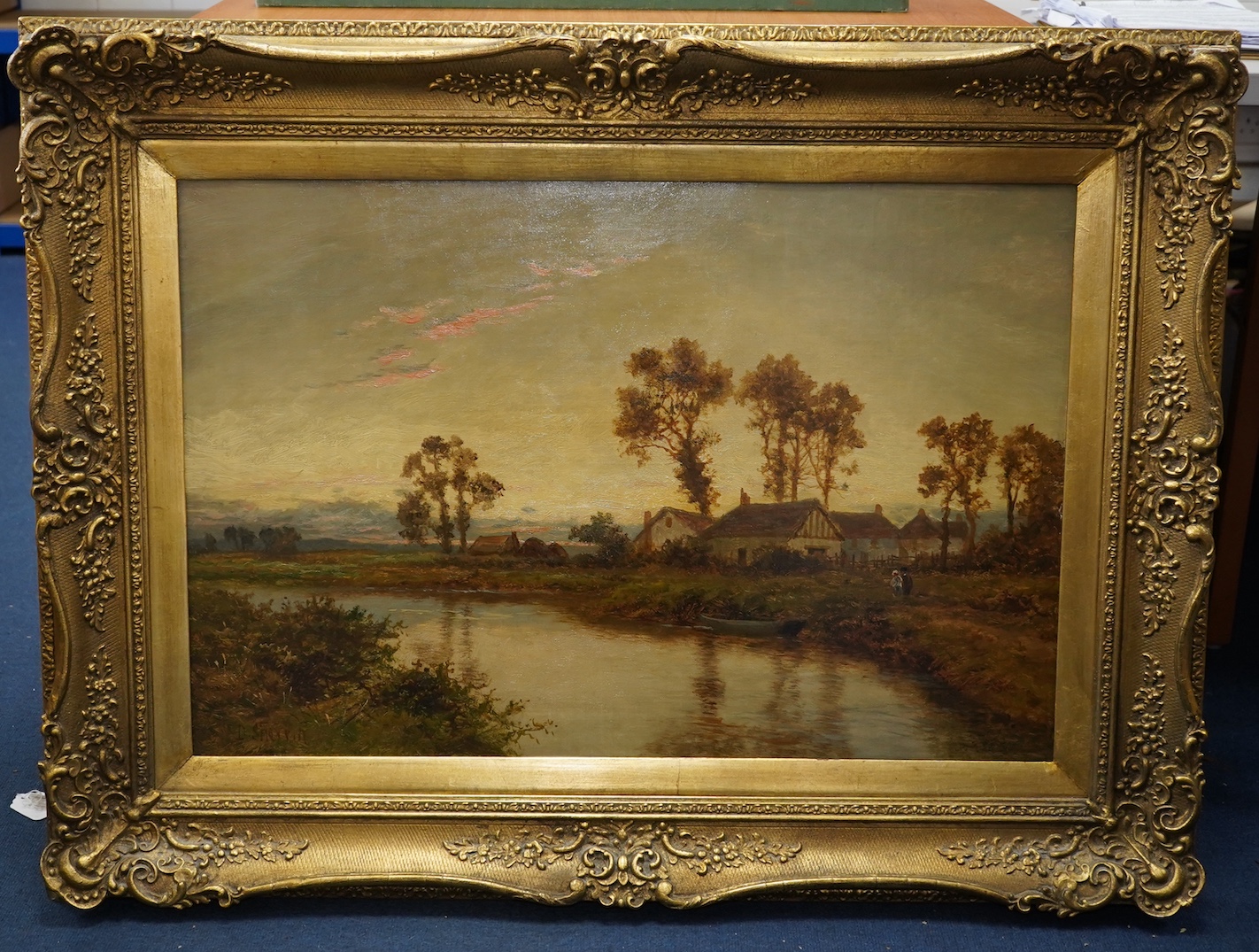 Daniel Sherrin (British, 1868-1940), Riverscape at Sunset, Oil on canvas, 50 x 75cm